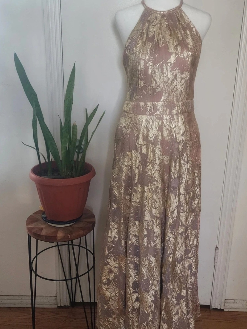 Aqua Metallic Gold-Accent Blush Halter Maxi Dress